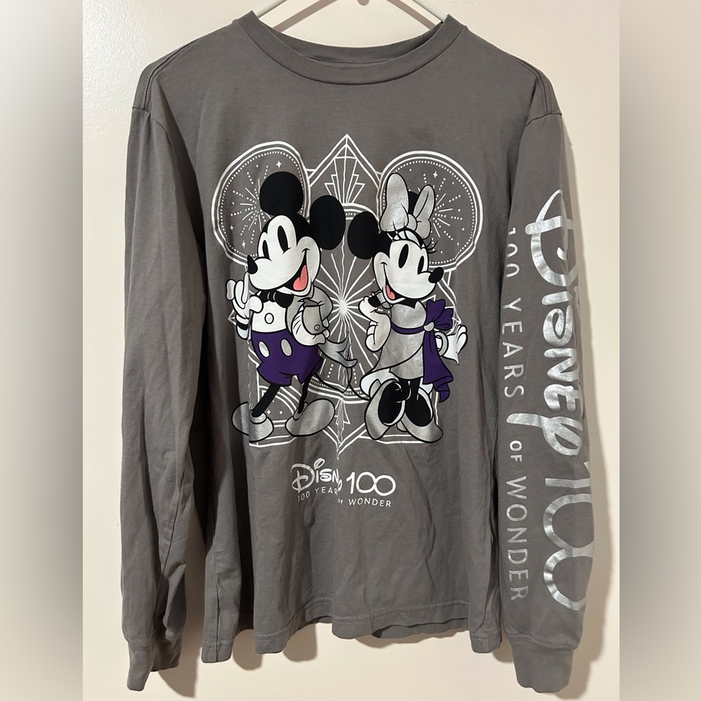 Disney 100 Years Of Wonder Gray Long Sleeve Shirt, Adult Size Small.